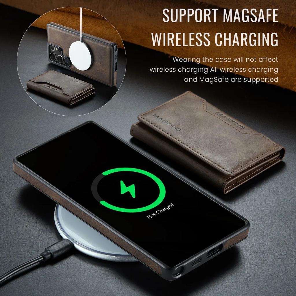 Чехол-кошелек с магнитными картами 2 в 1 для Samsung Galaxy S25 S23 Ultra S24 Plus для беспроводной зарядки MagSafe из искусственной кожи