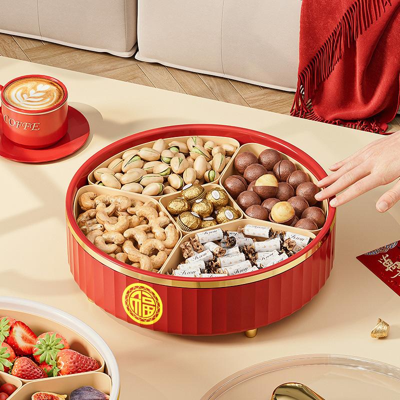 New Year'S Candy Plate Household Living Room Coffee Table Dried Fruit Storage Box Light Luxury High-End Rotating Grid Melon Seed Fruit Plate With Lid