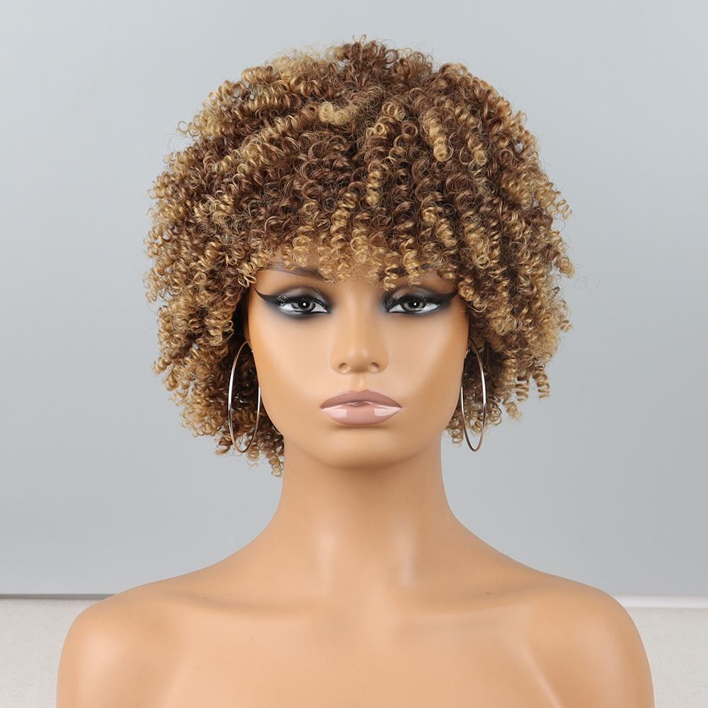 MISS WIG Короткие черные волосы, афро-кудрявые вьющиеся парики с челкой для чернокожих женщин, пушистые синтетические африканские парики с омбре