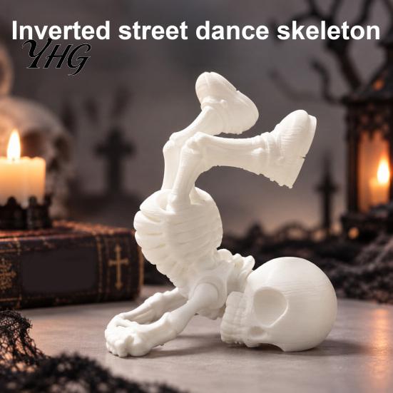 Spooky Home Decor Break Dancing Skeleton Figurine, 3D Printed Posable Articulated Skull Statue, Miniature Bone Sculpture Funny Handstand Decor,