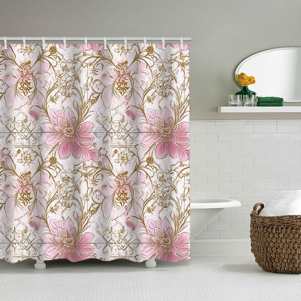 1/4 flowers and plants print shower Curtains, Toilet Seat Decoration, Shower Curtain with Carpet and Toilet Lid, 70.8x70.8 inch