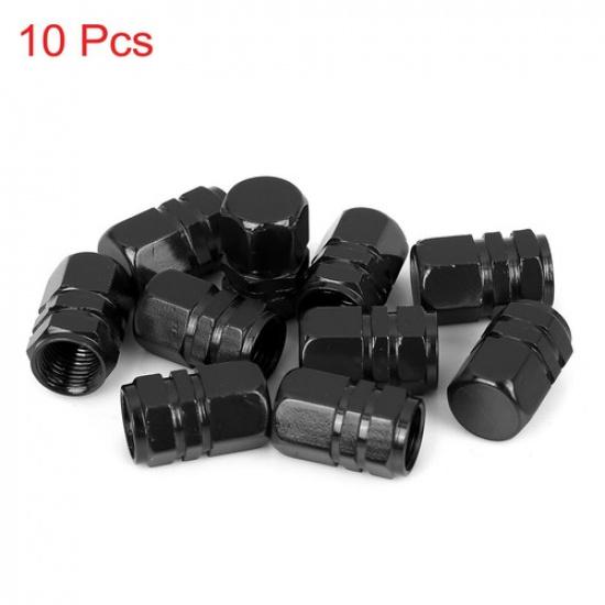 10pcs Black Tire Stem Valve Caps Car Hexagon Shape Aluminium Alloy Trie Caps