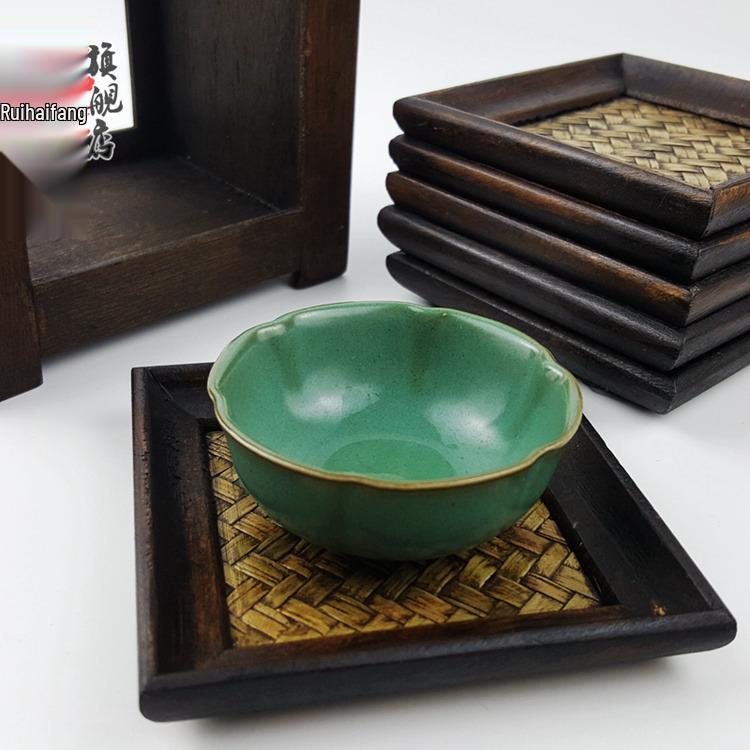 Set of 6 Rattan Coasters: Wooden Heat Insulation Pads, Thai Tea Set Display, Unique Antique Home Ornaments.