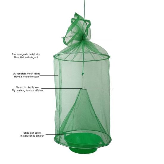 Hanging Fly Trap Indoor Outdoor Garden Farm Barn Ranch Foldable Fly Catcher Bag Heavy Duty Weather-proof Reusable Fly Control Green Cage