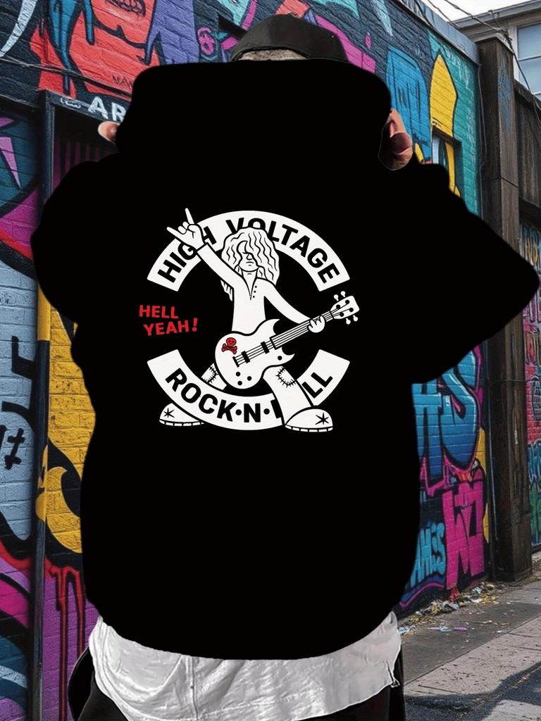 Heavy Duty Rock Graphic hoodie - Black Pullover Sweatshirt with Electric Guitarist Back Print