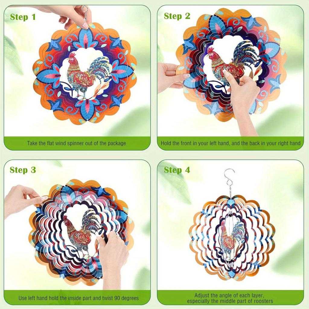 Wind Rotator 12 Inch 3D Stainless Steel Flower Rooster Design Metal Art Geometric Pattern Suspension Kinetic Energy Courtyard Garden Decoration