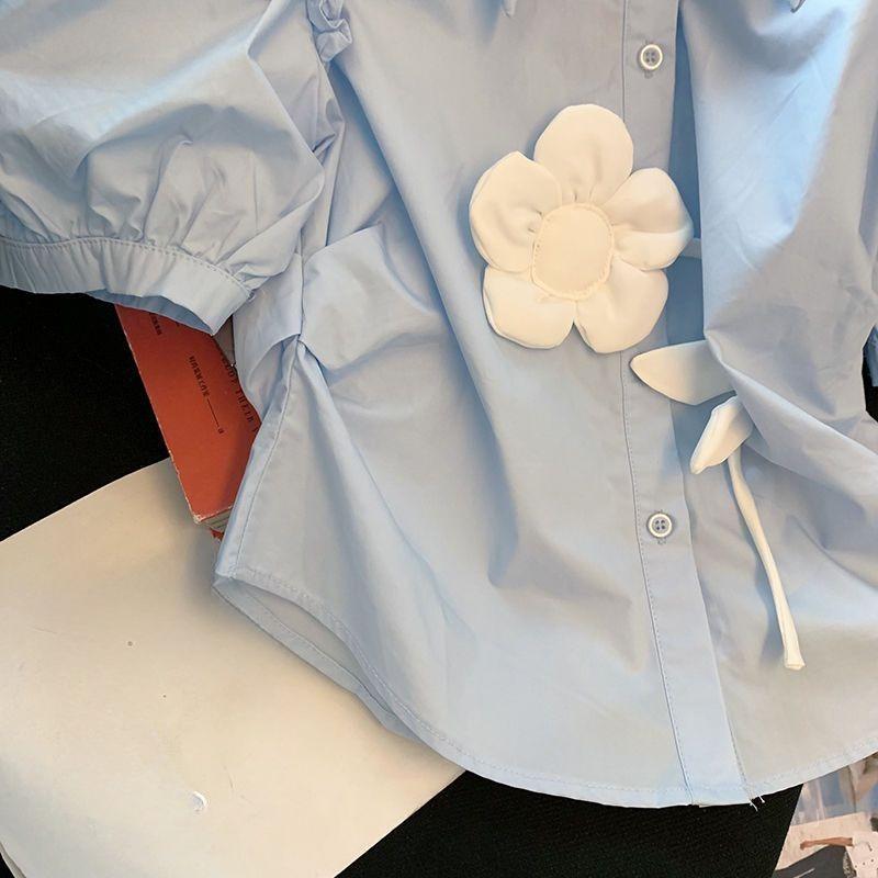 Синяя женская рубашка с открытыми плечами, однобортная, с трехмерным цветочным принтом, с короткими рукавами, стильный дизайн, женская одежда