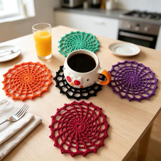 Reusable Washable Drink Coasters Spider Web Crochet Coaster, Gothic Handmade Knitted Mat, Aesthetic Table Gift for Tea Lovers Protection Mats,