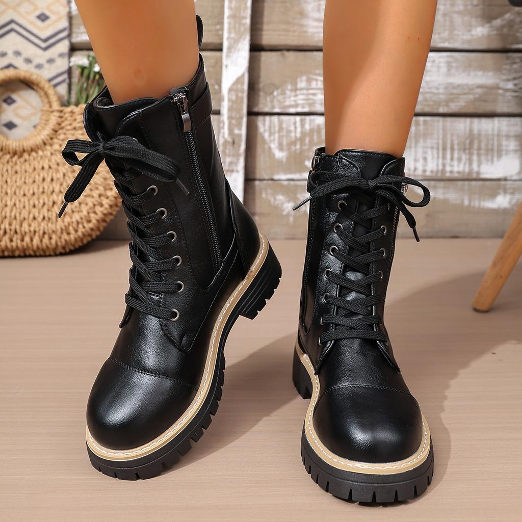 New Women's Fashion Boots for Autumn and Winter with Front Lacing Solid Color Low-heeled Mid-leg Boots Plus Size