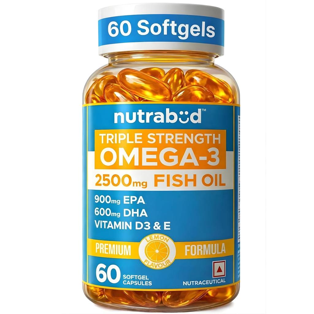 Nutrabud Капсулы с рыбьим жиром Омега-3 Тройная сила 2500 мг Добавка EPA DHA Со вкусом лимона Ежедневное здоровье Упаковка 1 шт. 60 капсул