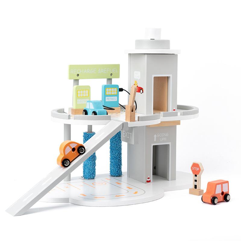 Деревянная игрушка-симулятор парковки, вращающаяся игрушка-головоломка для сцены автозаправочной станции