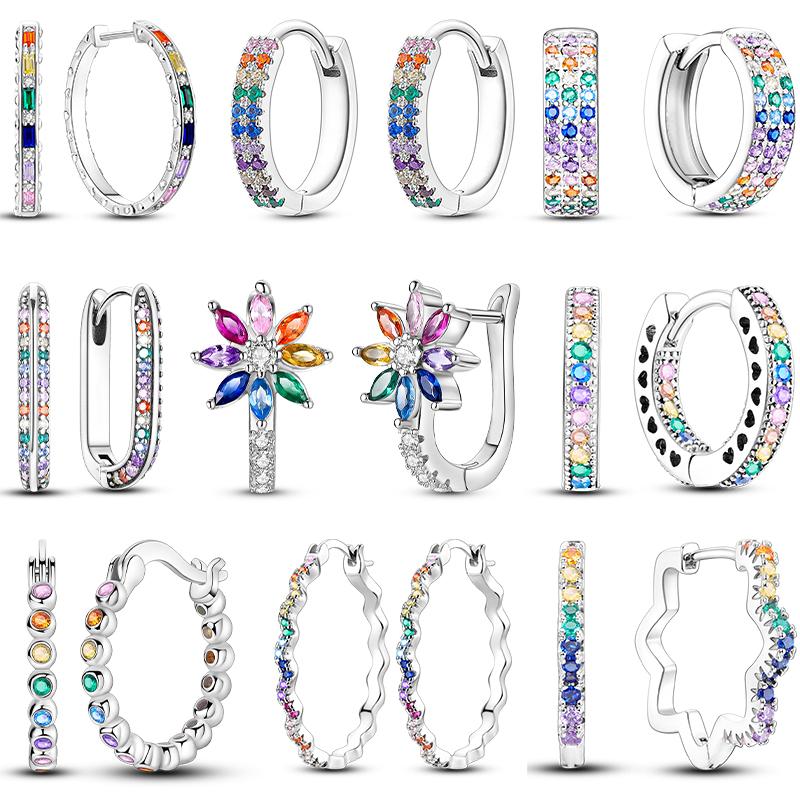 925 Silver Earring Sparkling Colorful Zircon Hoop Earring Round Shape Pendientes Fine Jewelry Gift For Woman