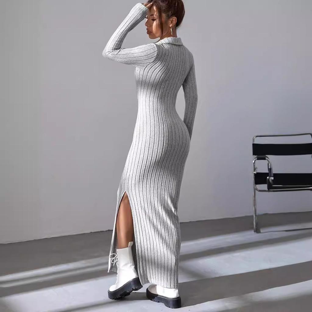 Модное женское сексуальное трикотажное платье с V-образным вырезом и обратным вырезом, осенне-зимнее эластичное базовое боди-платье с длинными рукавами