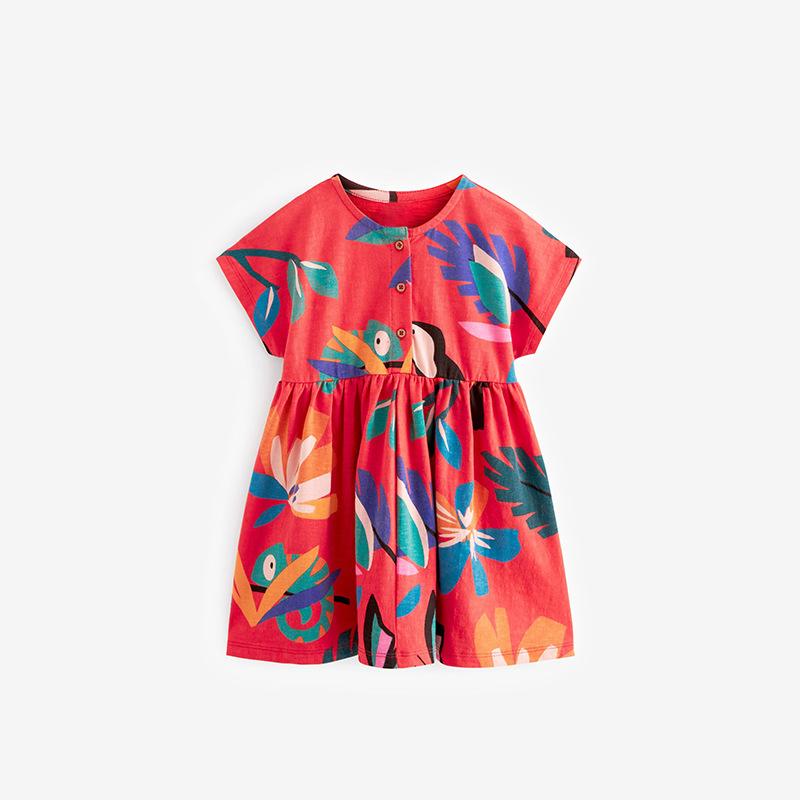 Лето чистый хлопок забавный мультяшный принт повседневное платье для девочки короткий рукав свободная юбка милый красный платья для девочек детская одежда