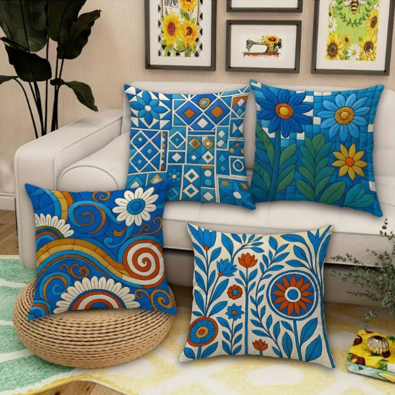 4Pcs Blue Geometric Pattern Digital Printing Pillow Cover Short Plush Suitable Living Rooms Bedrooms Sofas Throw Cushion Cover