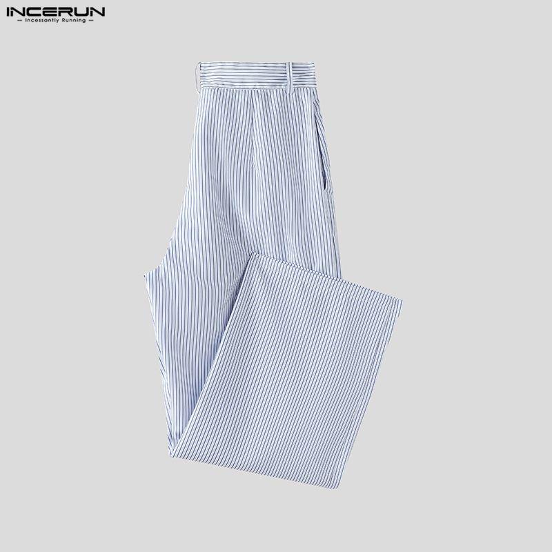 INCERUN Мужские наряды Стойка воротник Полосатый Длинный рукав Кроп-топы На молнии С высокой талией Длинные брюки Комплекты