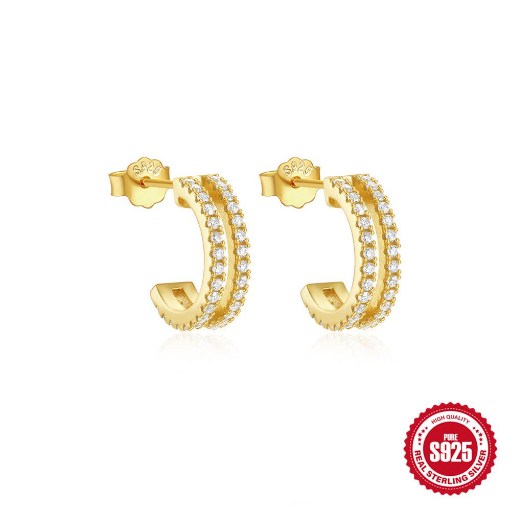 Light Luxury S925 Sterling Silver Geometric Cross Micro-Inlaid C-Shaped Personality Metal Temperament Earrings Earrings Ear Hooks