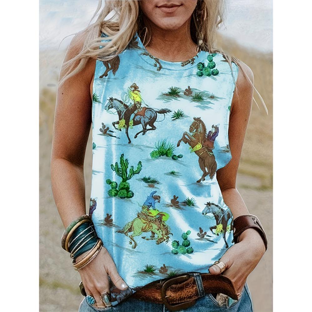 New Western Cowboy Retro Tank Tops Horse 3D Print Summer Women O-Neck Vest Off Shoulder Y2k Sleeveless Camisole Woman Clothing