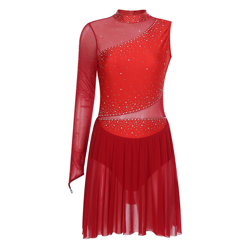 Womens Figure Skating Dance Leotard Single Sleeve Mock Neck Sparkle Rhinestone Ice Performance Wear