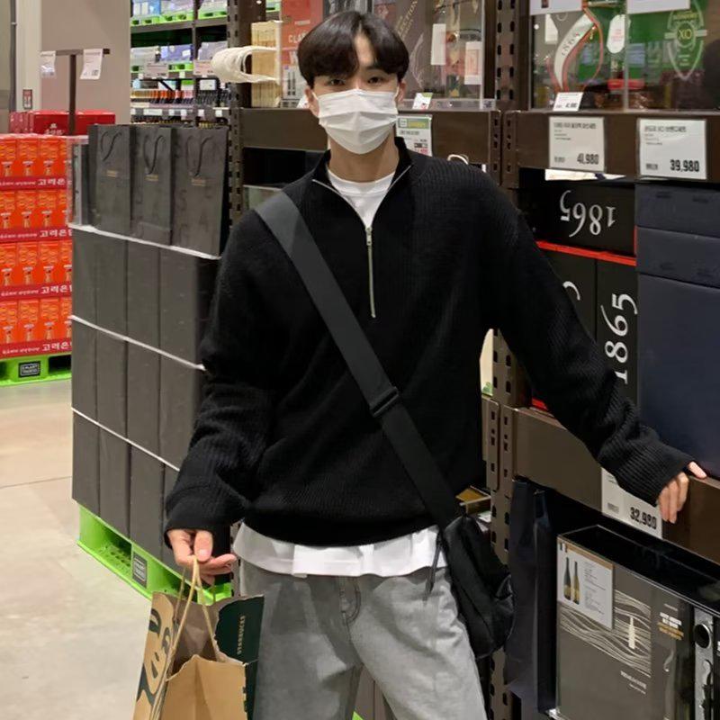 Korean Style Men's Autumn Half Zip Cardigan Sweater - Handsome Versatile Stand Collar Knitted Top Turtleneck Jacket