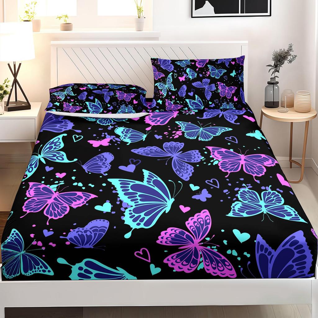 Beautiful Butterfly Pattern Mattress Three-Piece Digital Printing Home Bedding Set Adult Children