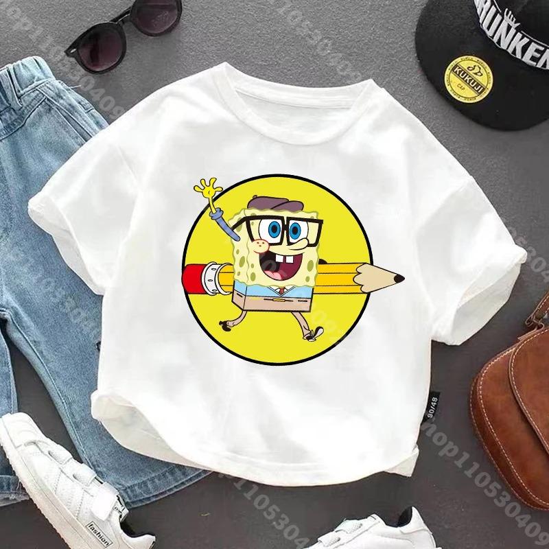 Shortsleeve Tshirt for children of SpongeBobcotton jersey with Anime character print casual summer Tshirts with round neck