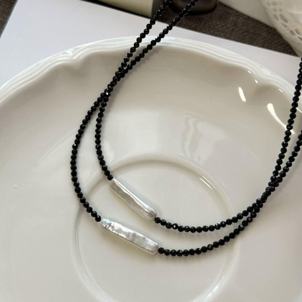 Natural freshwater pearl small silver strip black spinel necklace women's light luxury high-end design s911 sterling silver neck chain accessories