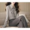 Double Pocket Lapel Grey Sweater Cardigan Women's Autumn and Winter Knitted Temperament Jacket Top