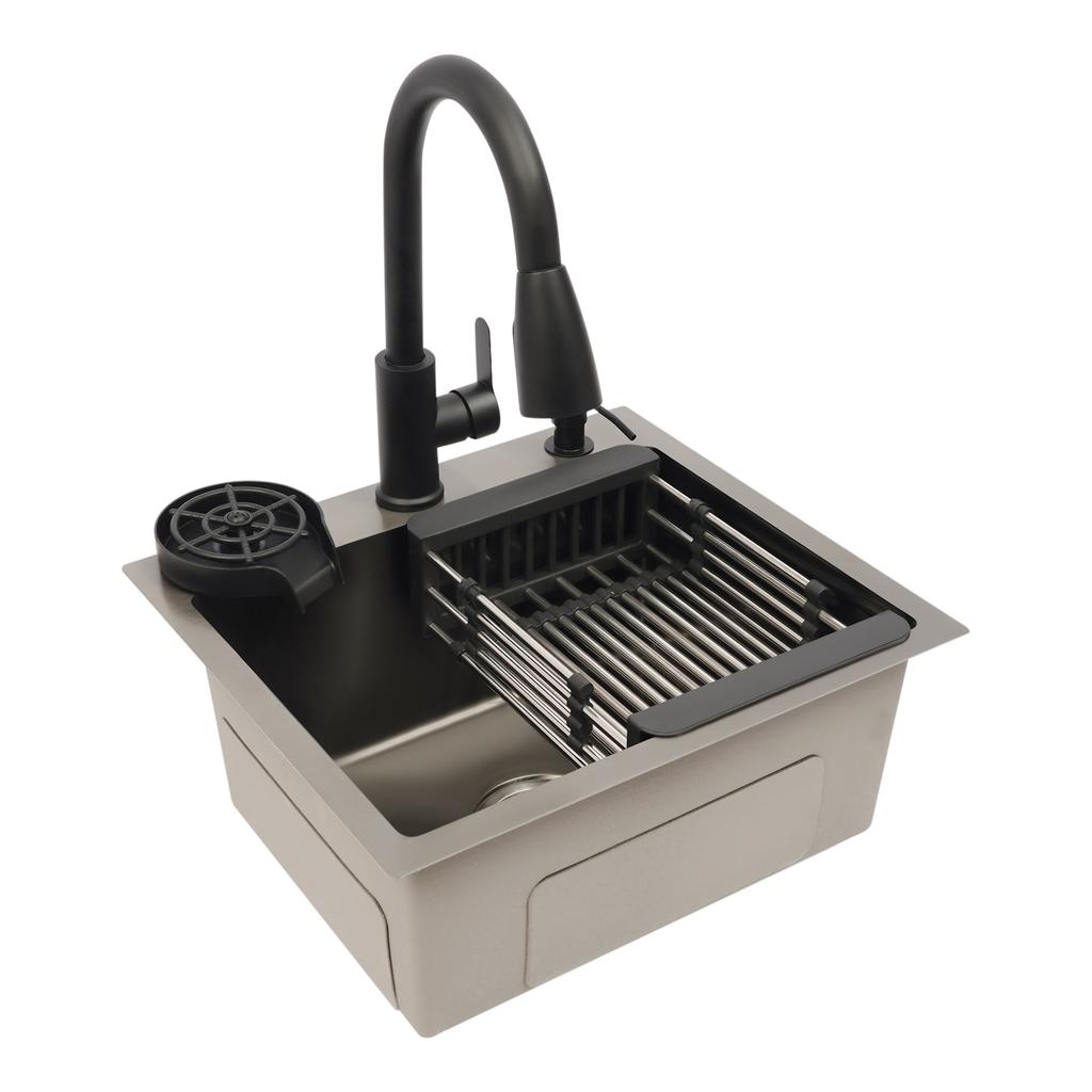 Multi-Functional 201 Stainless Steel Kitchen Sink – Pull-Out Faucet, Cup Rinser, Drain Basket & Soap Dispenser Included – Gun-Grey – 45 x 40 cm