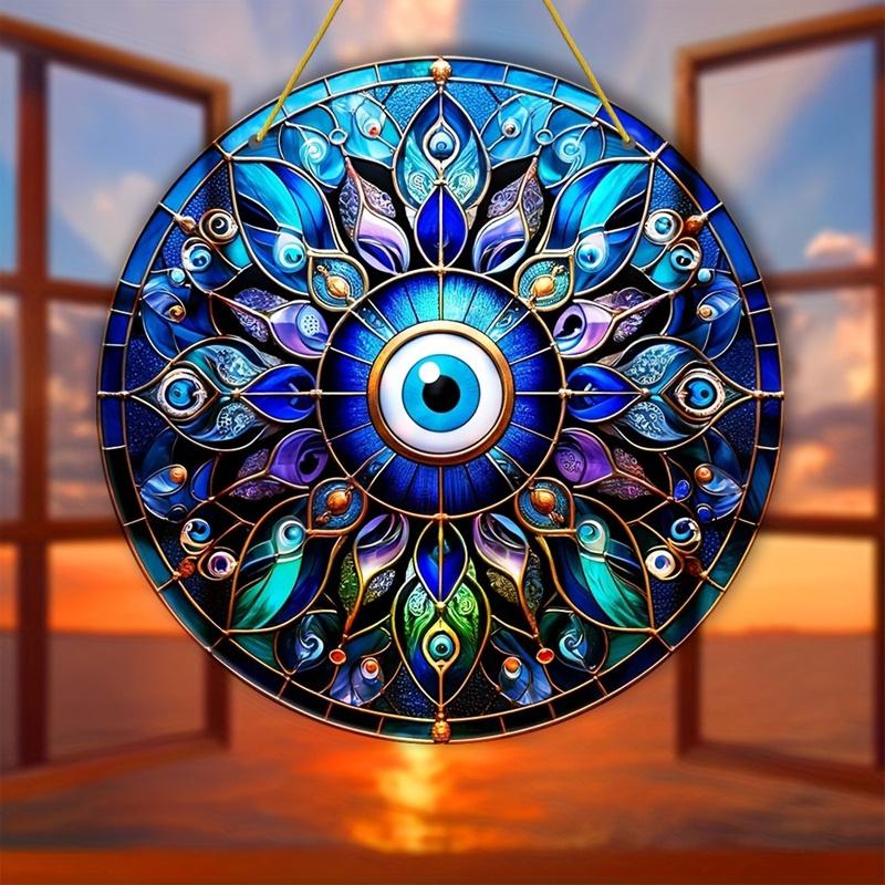 Charming Evil Eye Wooden Round Sign for Home Living Room Decor Stained Window Hanging Pendant Wall Art Ornament Gift