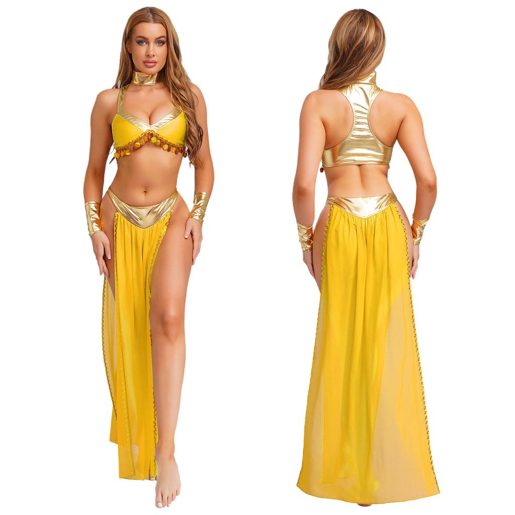Womens Ancient Egyptian Queen Cosplay Outfit 4-Piece Set - Crop Top Collar Sleeves and Side Slit Chiffon Skirt with Metallic Shiny Patchwork