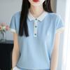 The Lapel Ice Silk Knitted Short-sleeved Bow Embroidery Color-blocking Slimming T-shirt Top Is Versatile