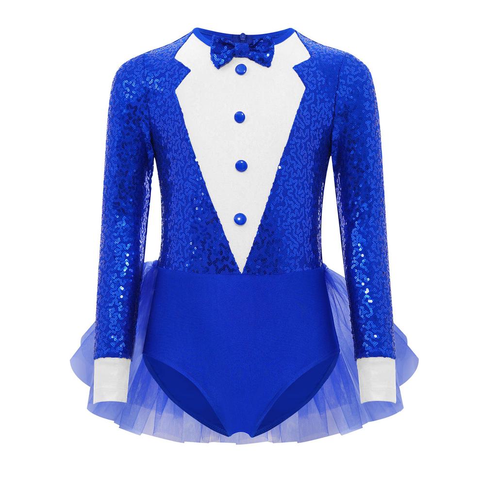 Girls Jazz Dance Costume Sparkly Sequins Bodice Tulle Skirted Leotard Long Sleeve Back Invisible Zipper Bodysuit