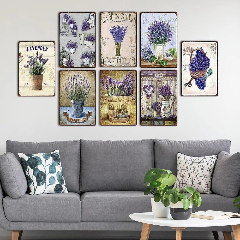 Лавандовая металлическая пластина с цветком, оловянные знаки для фермерского дома, винтажный настенный художественный постер, декор для дома и сада 20x30 см
