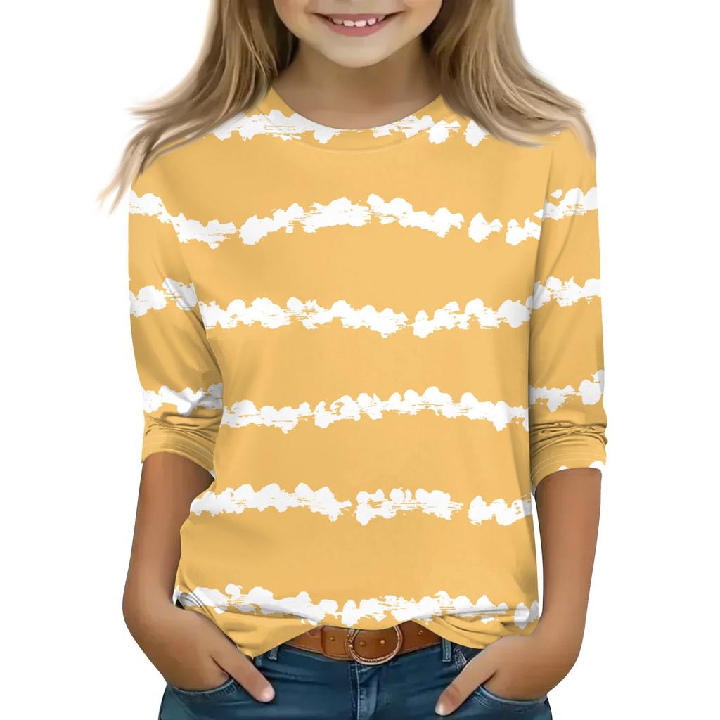 Print Tops For Youth Girls 5-16 Years Round Neck 3/4 Sleeves T-Shirts Trendy Tops Outfit Tees