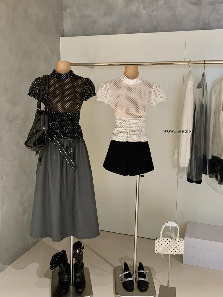 Polka Dot Short-Sleeve Shirt with Pleated Waist - Women's Spring/Summer Trendy Top