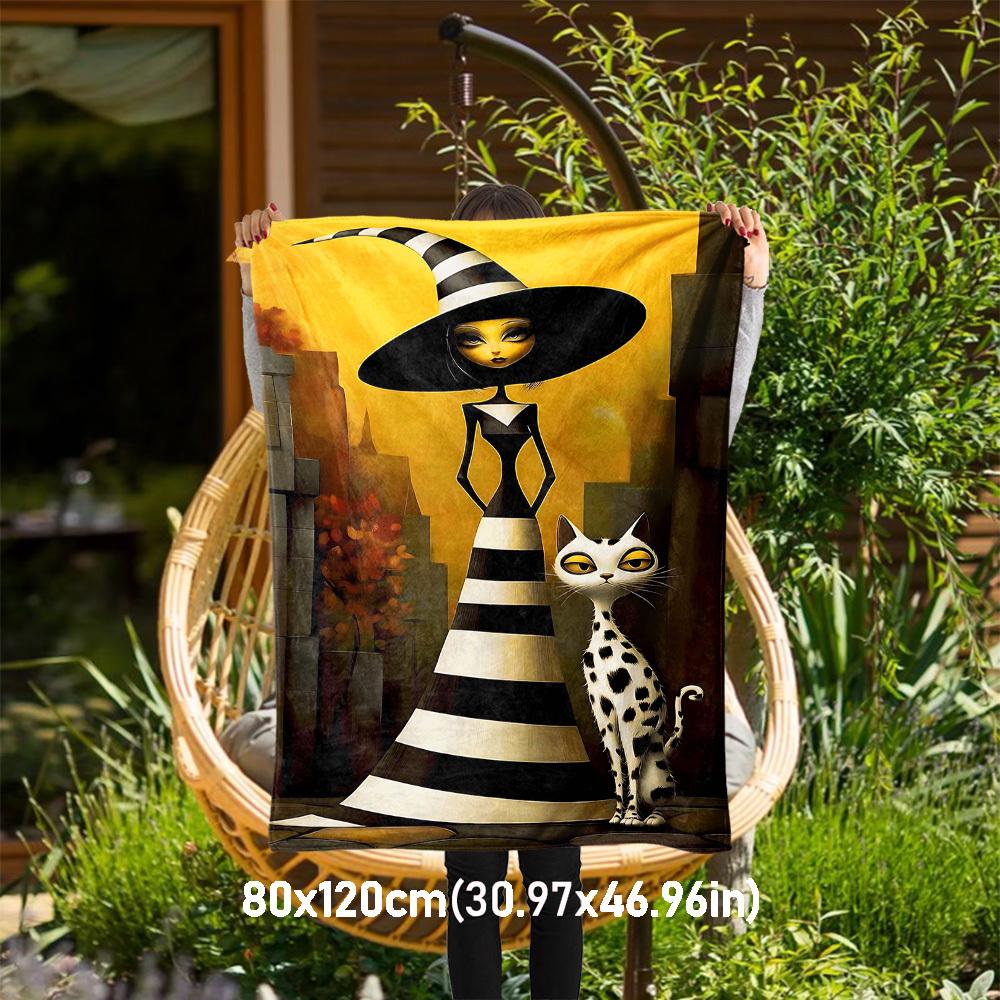 1pc witch, cat Outdoor Flannel Blanket Soft Warm All-Season Throw for Sofa Bed Car Camping Office, Cozy Gift Idea1148S