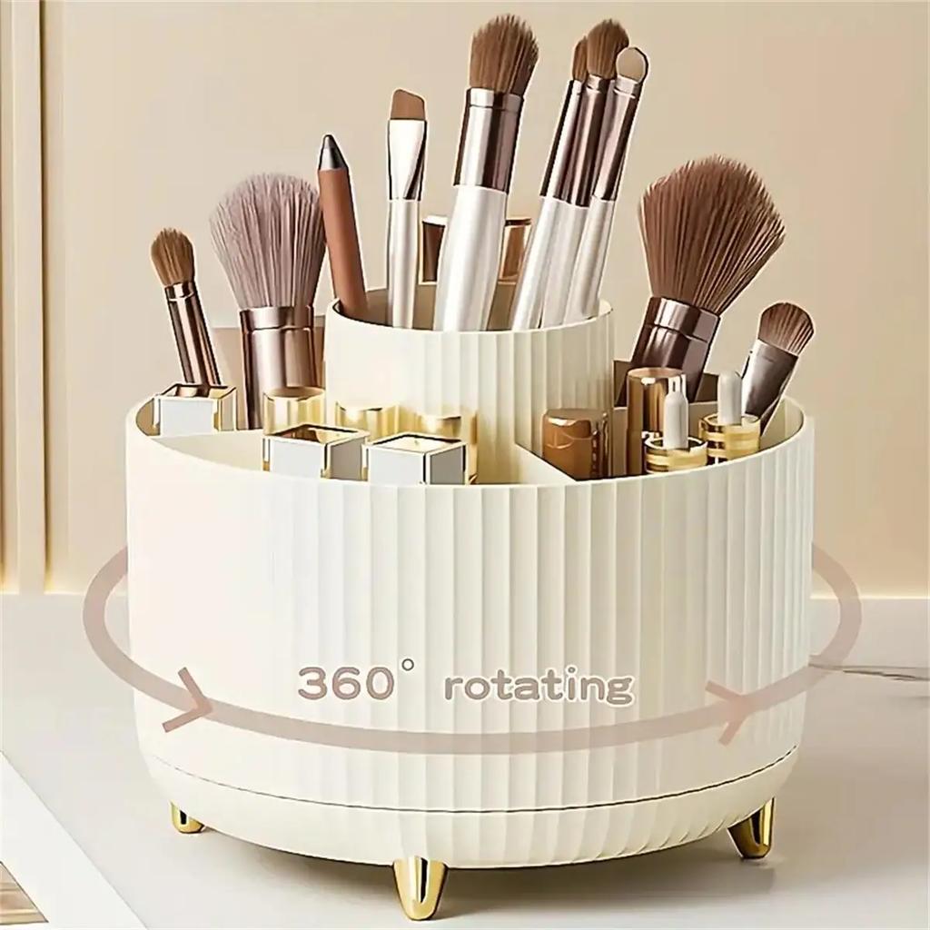 1PC 360° Rotating Makeup Organizer Multi-Functional Plastic Cosmetic Storage with 5 Compartments Brush Holder for Desktop