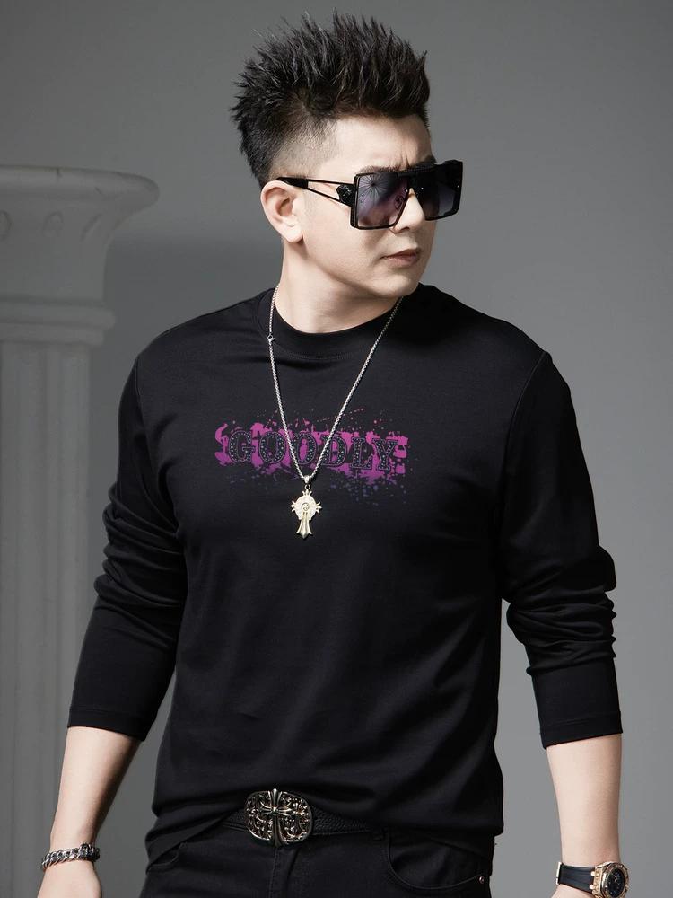 European Style Trendy Beaded Print Round Neck T-Shirt Men's 2025 New Autumn Long-Sleeve Base Shirt Men's Top