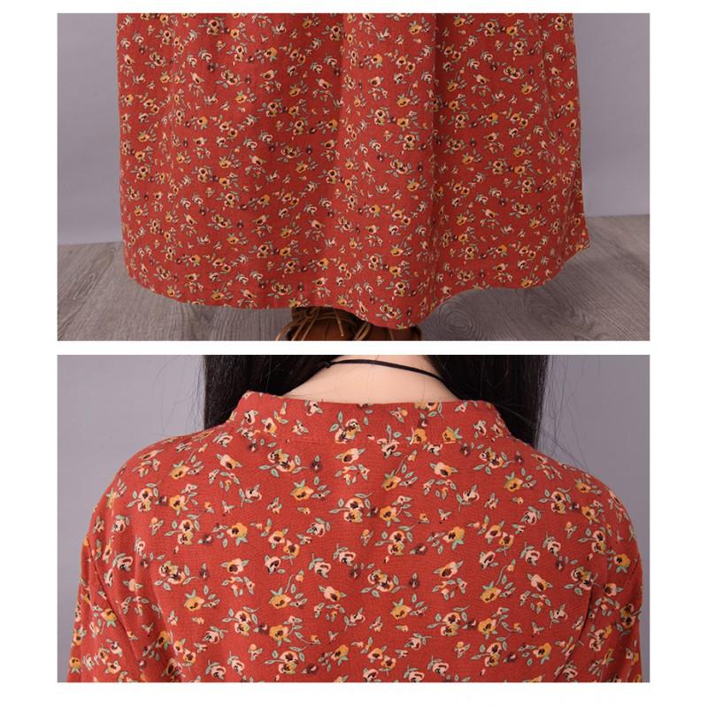 Womens Vintage Floral Long Dress Loose Fit Sleeve Swing Casual