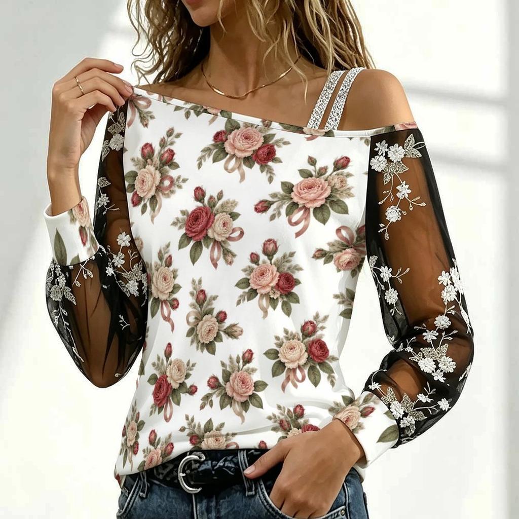Women Plus Size Off Shoulder Long Sleeve Top Leopard Cowboy Boot Print Mesh Floral Blouse