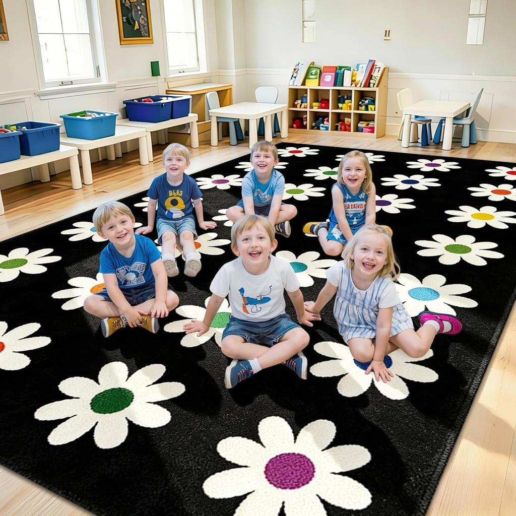 Kids Daisy Flower Area Rug Colorful Center Print Non-Slip Washable Floor Mat for Nursery Playroom Classroom Indoor Home Decor