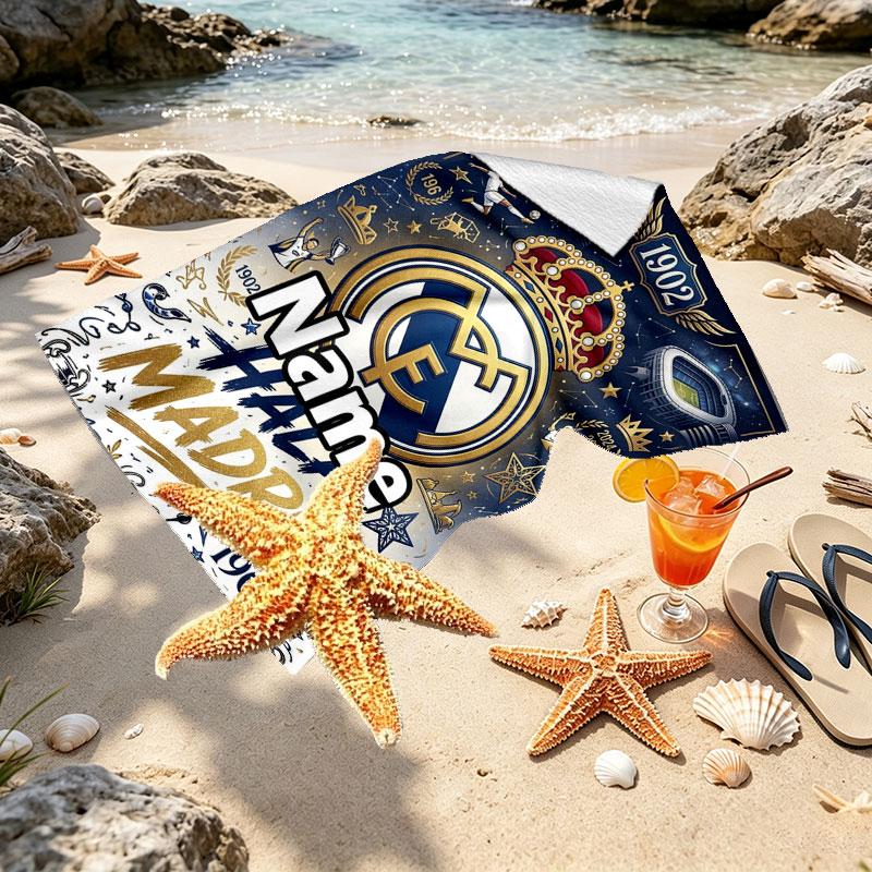 Custom Name Personalized Real Madrid CF Print Beach Towel, for Trip Camping Beach Party Home Decor, Birthday Gift for Family & Friends