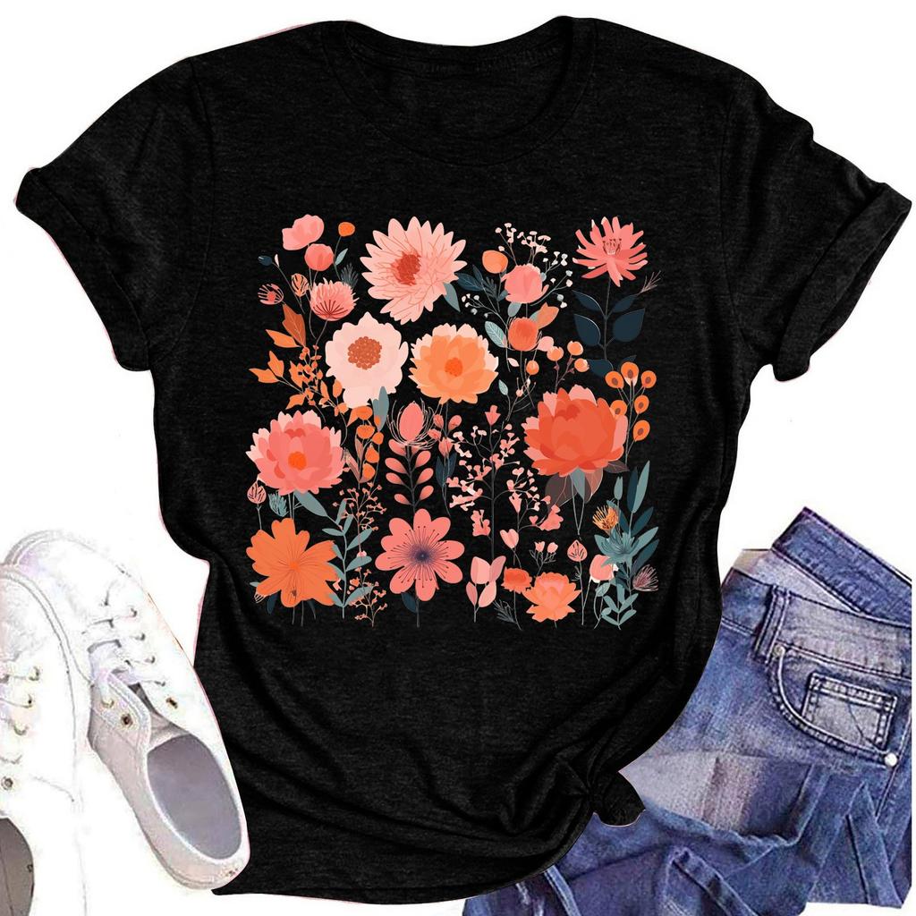 Женская повседневная футболка с круглым вырезом и цветочным принтом, короткий рукав
