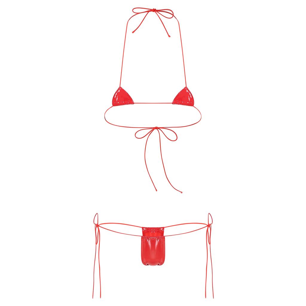 Womens Wet Look Halter Bikini Set High Shine Micro G-string with Adjustable Lace-Up Bra