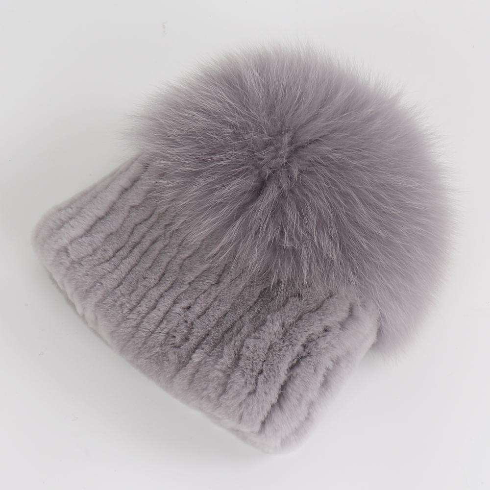 New Style Women Real Genuine Fox Fur Beanies Hat Girls Natural Real Rex Rabbit Fur Skullies Cap Knit Winter Real Fur Hats