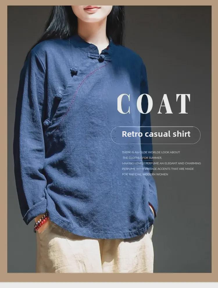 Женский хлопковый льняной топ в стиле ретро с длинными рукавами: Весна/Лето, облегающий крой, воротник-стойка/асимметричный