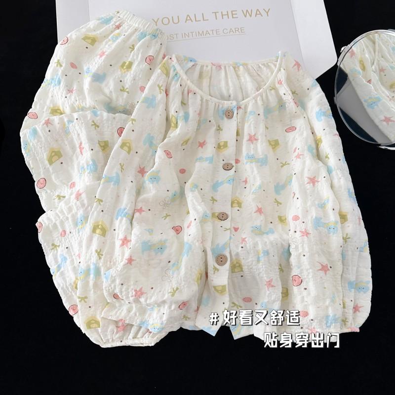Girls Cotton Pajama Set Long Sleeve Pants Cartoon Print Soft Sleepwear Fall Kids Home Wear