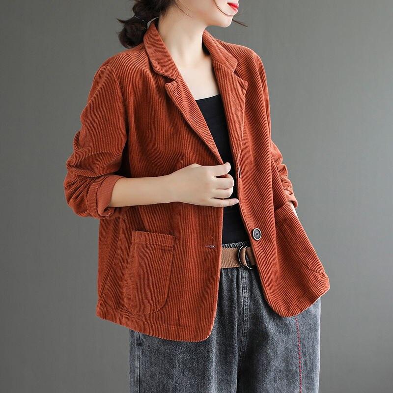 Women Corduroy Jacket Vintage Casual Coat Long Sleeve Loose Single Breasted Blazers Autumn Slim Outwears Female