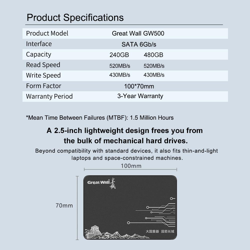 Встроенный жесткий диск Great Wall GW500 2,5-дюймовый интерфейс SATA TLC-гранула 240 ГБ/480 ГБ SSD